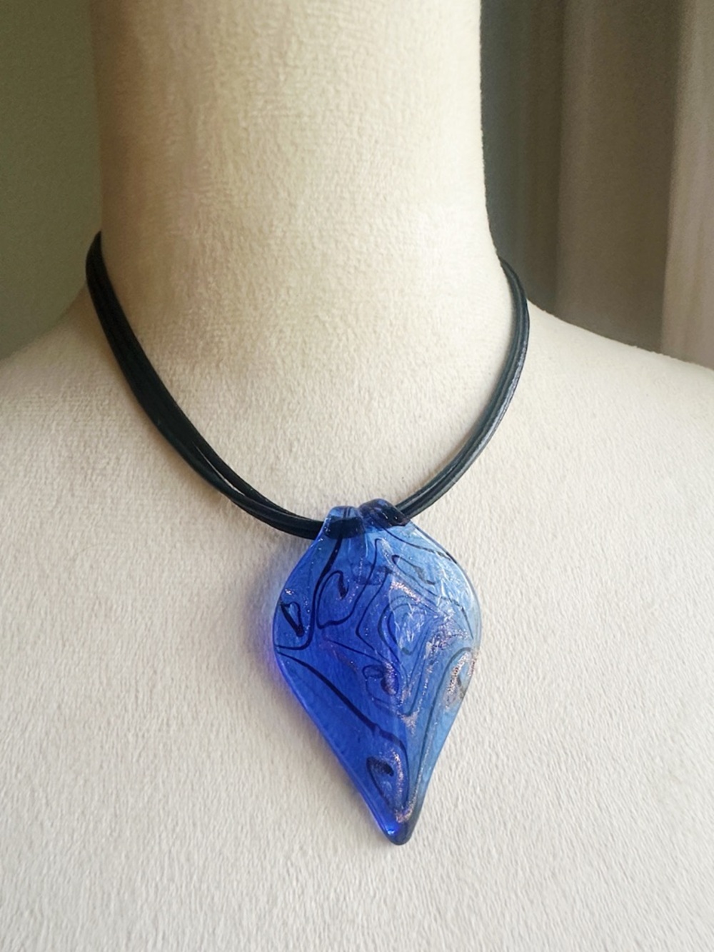 Handcrafted Blue Glass Metallic Gold Tone Teardrop Pendant Necklace